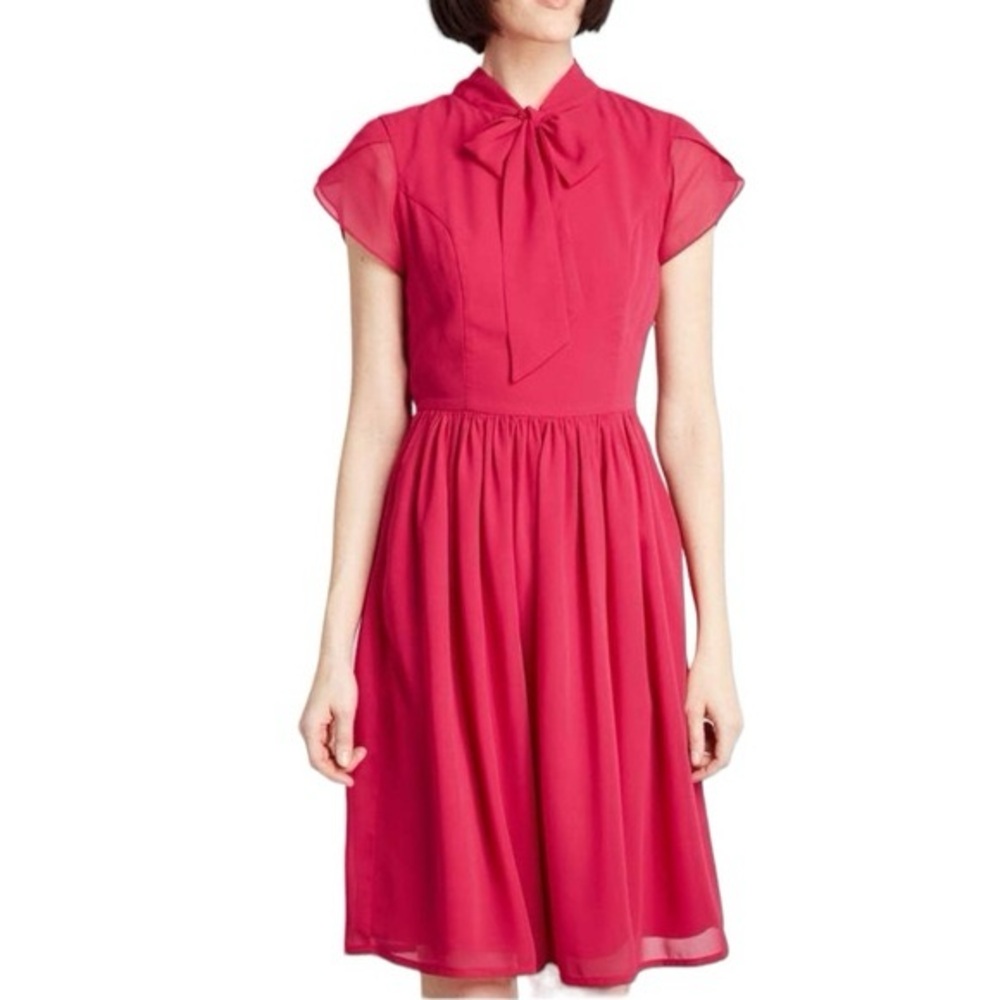 Modcloth Midi Dress Chiffon Pink-Red Lotus Sleeve Size XXS